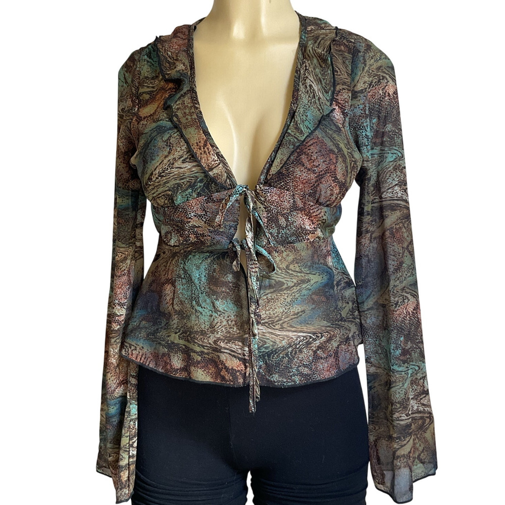 Wild Fable Sleeve Blouse Boho XS Sheer Mesh Tie Front Long  Retro Y2K Top